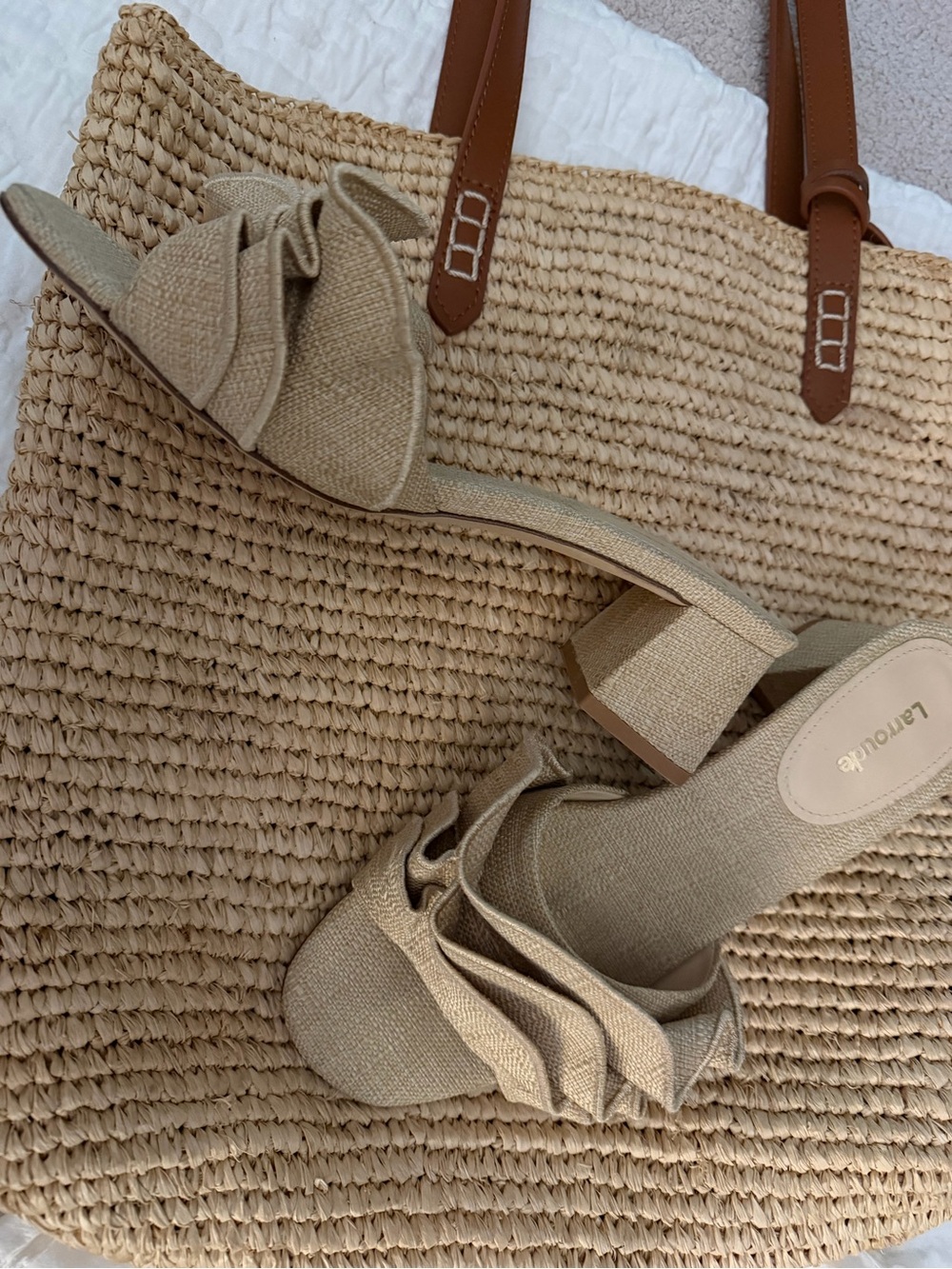 Larroude Beige Ruffle Open-Toe Block Heel Mule - Picture 4 of 6